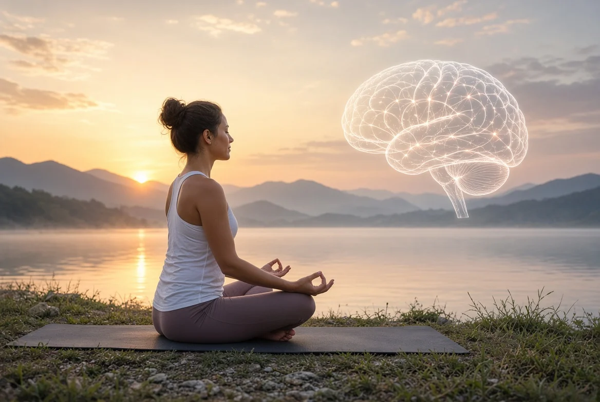 Person meditating with calm brain wellness illustration